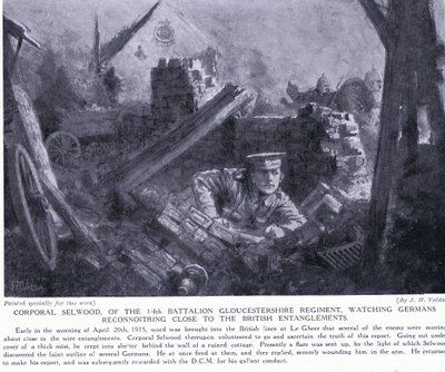 Kapral Selwood wygrał DCM za obserwowanie Niemców podczas zwiadu w pobliżu brytyjskich uwikłań w Le Gheer w kwietniu 1915 r. autorstwa John Harris Valda