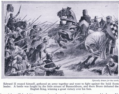 Edward II zebrał armię i stoczył bitwę pod Bannockburn 1314 AD, gdzie Bruce pokonał Anglików, ok. 1950 autorstwa John Harris Valda