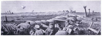 Atak gazowy na okopy 2. Pułku Fizylierów Lancashire, w którym szeregowy Lyn stracił życie, ale wygrał VC. Ypres kwiecień 1915 autorstwa John Harris Valda