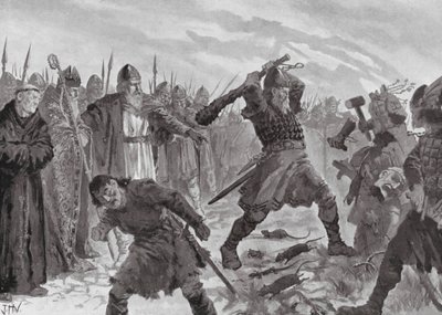 Król Olav Święty łamiący wizerunek boga Mora autorstwa John Harris Valda