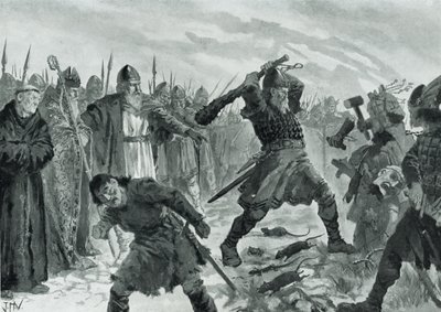 Król Olav Święty łamiący wizerunek Boga Mor autorstwa John Harris Valda