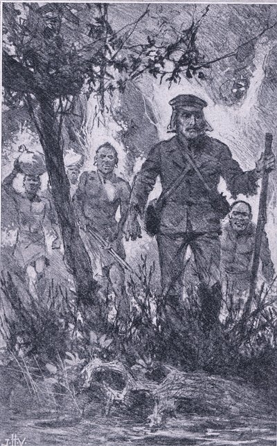 Livingstone strzelił do lwa, ale lew zaatakował go, ugryzł go w ramię i złamał lewą rękę, Newnes Pictorial Knowledge opublikowane przez Newnes, ok. 1950 r. (litografia) autorstwa John Harris Valda