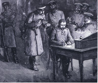 Książę Aleksander podpisujący swoją abdykację 1886, ilustracja z Hutchinsons History of the Nations TOM 4 c.1920s autorstwa John Harris Valda