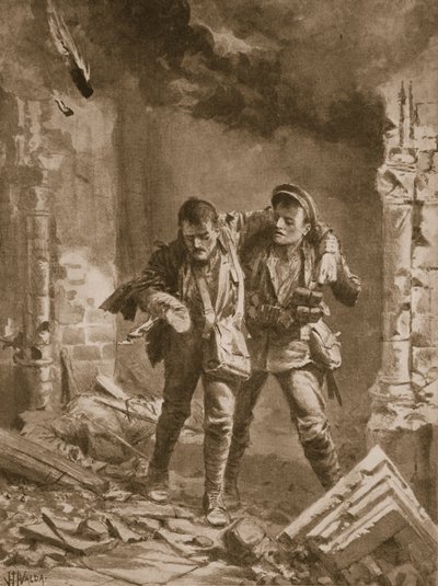 Szeregowy A.E. Walker asystujący rannemu towarzyszowi z płonącego kościoła, który był używany jako szpital autorstwa John Harris Valda