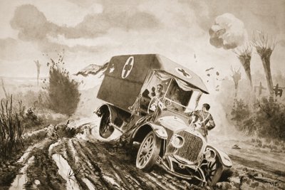Szeregowy Adams jadący na pomoc rannym ambulansem, który pod ostrzałem wpadł w otwór po pocisku autorstwa John Harris Valda