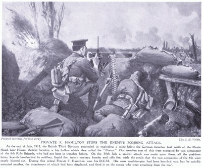 Szeregowy F Hamilton odznaczony DCM za powstrzymanie ataku bombowego wroga w lipcu 1915 r. pod Hooge. autorstwa John Harris Valda