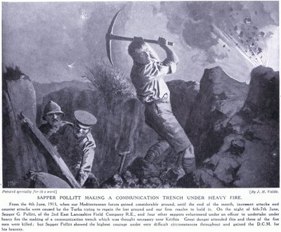 Sapper Pollitt wykonuje okop komunikacyjny pod ciężkim ostrzałem na półwyspie Gallipoli w czerwcu 1915 r. autorstwa John Harris Valda