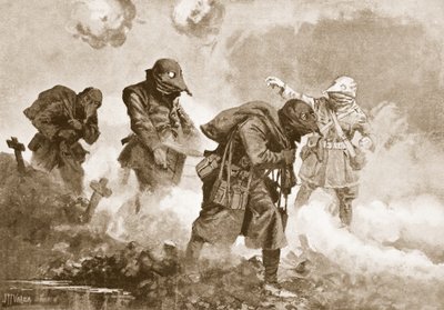 Podporucznik (tymczasowy kapitan) E.M. Allfrey kierujący dostawami amunicji, racji żywnościowych i wody do żołnierzy w akcji podczas ataku gazowego autorstwa John Harris Valda