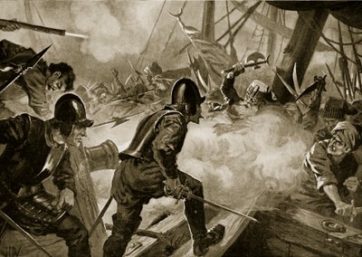Bitwa pod Lepanto, ilustracja z „Historii narodów Hutchinsona”, c.1915 (lito) autorstwa John Harris Valda