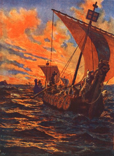 Powrót wikingów (kolorowa litografia) autorstwa John Harris Valda