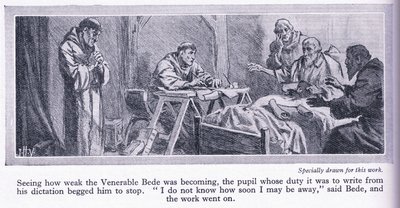 Ostatnie dni Czcigodnego Bede tłumaczącego Ewangelię św. Jana na angielski 735 AD, ok. 1950 autorstwa John Harris Valda