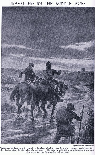 Podróżnicy w średniowieczu. Po zapadnięciu zmroku podróżni szukali świateł klasztoru, ok. 1950 r. autorstwa John Harris Valda