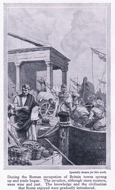Pod okupacją rzymską: Powstają brytyjskie miasta i rozpoczyna się handel, ok. 1950 r. autorstwa John Harris Valda