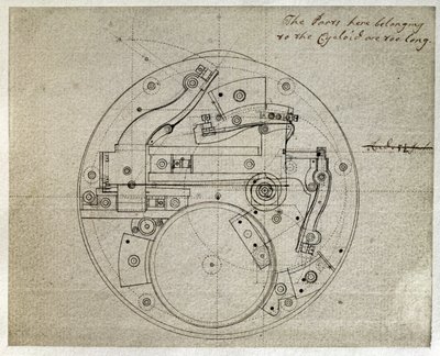 Desenho do traçado do movimento do cronometrista H4 por John Harrison (1693-1776), c.1759 (caneta e tinta sobre papel)polonês autorstwa John Harrison