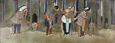 The Never Never Land: Czerwonoskórzy strzegą dzieci przed piratami, ilustracja z „Piotruś Pana”, c.1906 autorstwa John Hassall