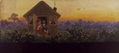 Wierzchołki drzew o zachodzie słońca rok później: Piotr w małym domku z Wendy podczas dorocznej wizyty na wiosenne porządki, ilustracja do „Piotrusia Pana”, ok. 1906 autorstwa John Hassall