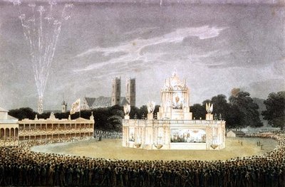 Pokaz sztucznych ogni w Green Park z okazji klęski Napoleona, grawerowany przez pub Matthew Dubourg. 1814 (grawerowanie) autorstwa John Heaviside (after) Clark