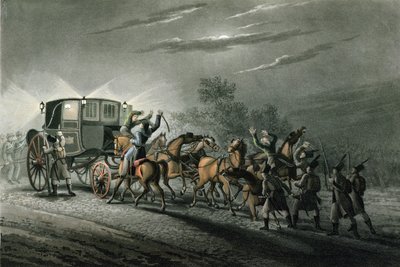 Zdobycie karety Bonapartego, papieru i skarbu przez majora von Kellera, Waterloo, 18 czerwca 1815, grawerowane przez Matthew Dubourga (fl.1813-20) autorstwa John Heaviside Clark