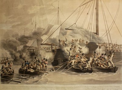 Łodzie wiosłowe Quebecu, Kruk, Wysiłek i raszka, Alert i księżniczka Augusta, 1811 (akwatinta) autorstwa John Heaviside Clark