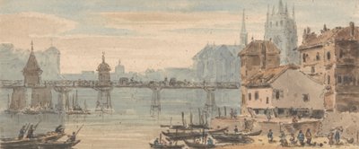 Bazylea, centrum mostu, nabrzeże, z figurami i żeglugą po prawej stronie, z katedrą wznoszącą się za budynkami autorstwa John Henderson