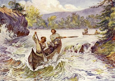 Kanadyjczycy pokonujący rwące rzeki w kajakach (litografia kolorowa) autorstwa John Henry Frederick (after) Bacon