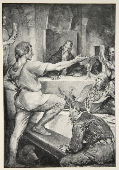 Beowulf wyniośle odpowiada Hunferthowi z „Hero Myths and Legends of the British Race” autorstwa M.I. Przypływ, 1910 autorstwa John Henry Frederick Bacon