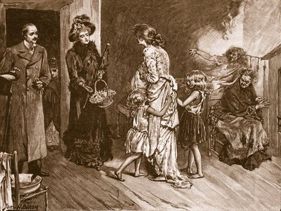 Zachód spotyka się ze Wschodem: zamożni goście mieszkający w slumsach, ilustracja z „Ilustrowanej historii Anglii Cassella” (zdjęcie w sepii) autorstwa John Henry Frederick Bacon