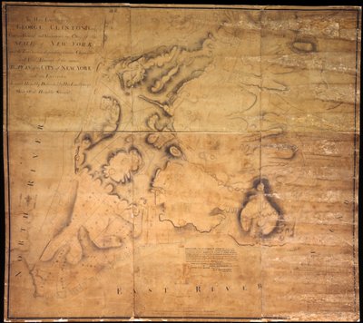 Jego ekscelencji George Clinton, Esq. . . .Ten plan miasta Nowy Jork i jego okolic. . ., 1785 (czarny i kolorowy tusz, czarny ołówek i pranie kolorów na papierze podszytym szmatką) autorstwa John Hills