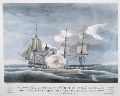 Schwytanie H.B.M. Sloop of War FROLIC, 22 pistolety, kpt. Whinyates przez US Sloop of War WASP autorstwa John James (after) Barralet