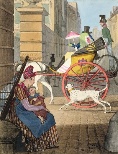 Wejście do powozu, z "Dwudziestu czterech tematów przedstawiających stroje Paryża", rycina Charlesa Josepha Hullmandela (1789-1850), opublikowana w latach 1817-22 autorstwa John James Chalon
