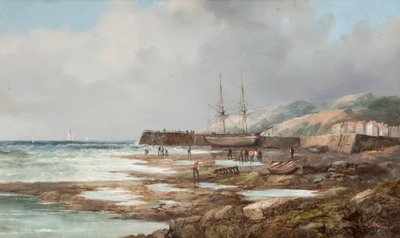 Bez tytułu [Zadokowany statek żaglowy z wioską w tle] autorstwa John James Wilson