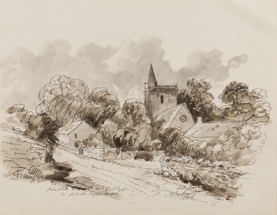 Kewstoke Church and Village, Weston Super Mare, Somerset, 1882 (pióro, pędzel i atrament na papierze) autorstwa John Joseph Barker