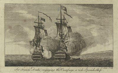 Sir Francis Drake podejmujący walkę z "Cacafuego", bogatym hiszpańskim statkiem autorstwa John June