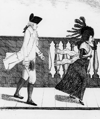 Dr James Graham idący Mostem Północnym w silnym wietrze, 1785 autorstwa John Kay