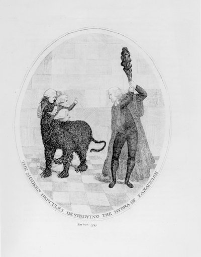Współczesny Herkules niszczący Hydrę fanatyzmu, 1789 autorstwa John Kay