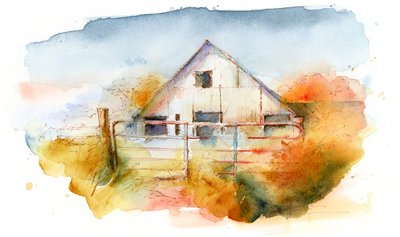 Barn in Pleasant Hill 2, 2016, (akwarela) autorstwa John Keeling