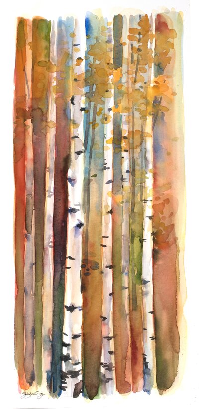 Brzozy jesienią, 2013, (akwarela) autorstwa John Keeling