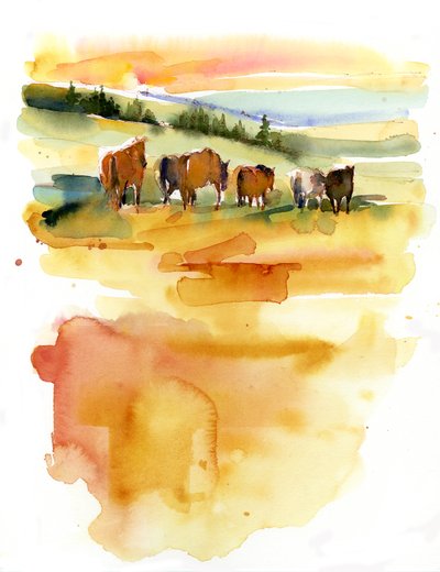 Konie o zachodzie słońca, 2015, (akwarela) autorstwa John Keeling