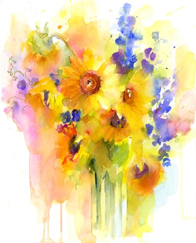 Słoneczniki i delphinium, 2016, (akwarela) autorstwa John Keeling