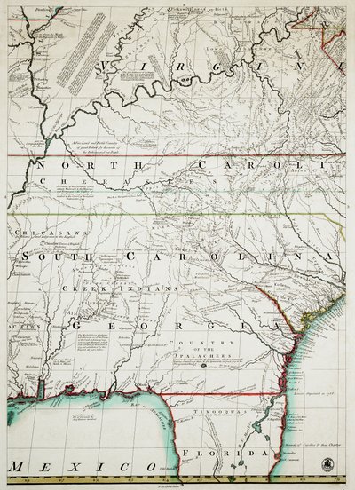 Mapa brytyjskich i francuskich dominiów w Ameryce Północnej wraz z drogami, odległościami, granicami i zasięgiem osad, z pokorą wpisana Prawemu Czcigodnemu Hrabiemu Halifax i innym Prawym Czcigodnym Lordom Komisarzom Handlu i Planu. autorstwa John & Kitchen Thomas & Mitchell (fl.1755 Mitchell