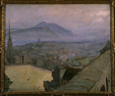 Widok na Edynburg z Zamku, patrząc przez Esplanade w kierunku Siedziba Artura i Urwisk Salisbury (olej na płótnie) autorstwa John Lavery