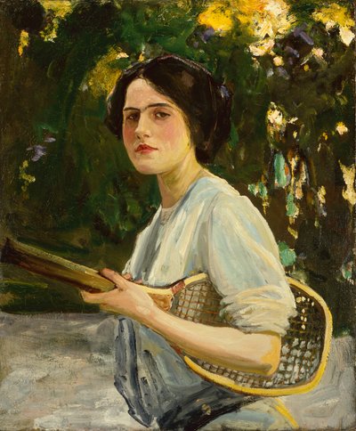 Eileen Lavery trzymająca rakietę tenisową autorstwa John Lavery