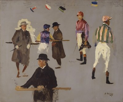 Dżokeje i właściciele w Epsom autorstwa John Lavery
