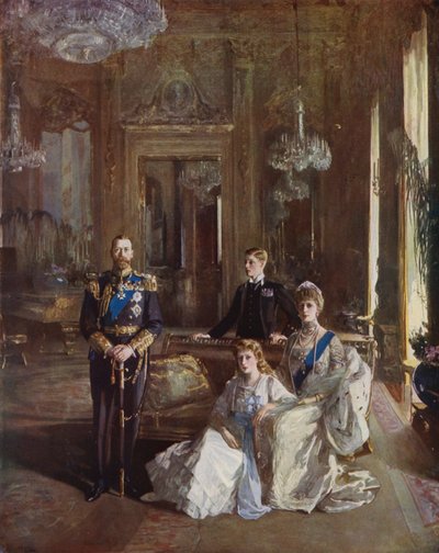 Król Jerzy V, Królowa Maria, Książę Walii i Księżniczka Maria w Białym Saloniku, Pałac Buckingham, Londyn, 1913 autorstwa John Lavery