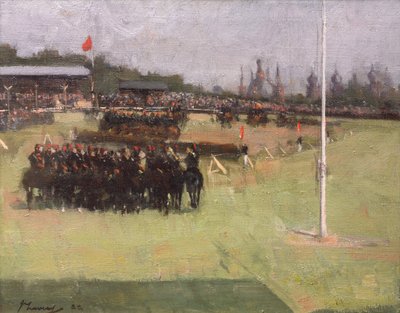 Muzyczna przejażdżka XV Huzarów podczas Turnieju Wojskowego na Międzynarodowej Wystawie Glasgow 1888 autorstwa John Lavery
