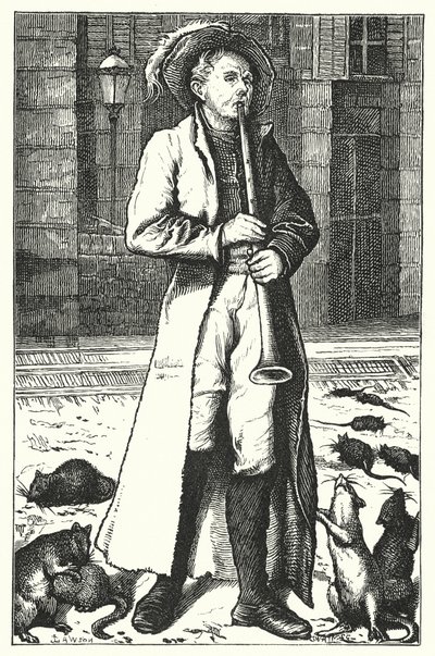 Poezja: Pied Piper of Hamelin (kolorowa rycina) autorstwa John Lawson