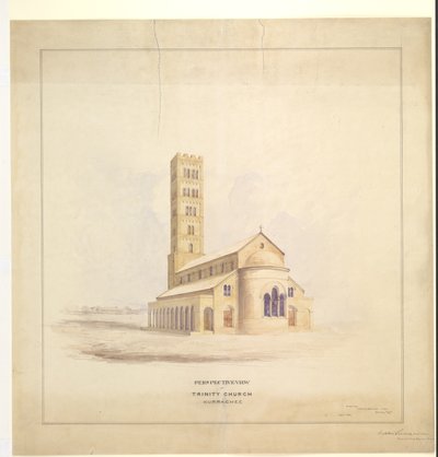 Kościół Świętej Trójcy, Kurrachee (Karachi), wrzesień 1856 (akwarela na papierze) autorstwa John Le Mesurier