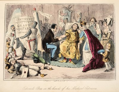 Ramię Edwarda w rękach jego doradców medycznych, z The Comic History of England, wyd. 1864 (ręcznie kolorowana akwaforta) autorstwa John Leech