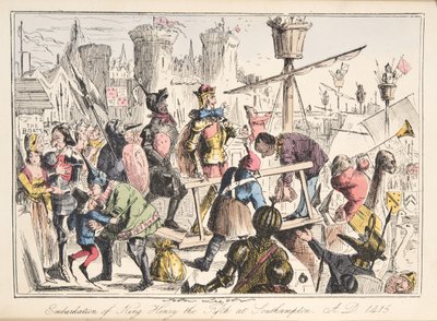 Zaokrętowanie Henryka V. w Southampton, AD 1415, z The Comic History of England, wyd. 1864 (akwaforta ręczna) autorstwa John Leech