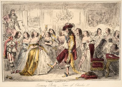 Wieczorne przyjęcie - Czasy Karola II, z The Comic History of England, wyd. 1864 (akwaforta ręczna) autorstwa John Leech